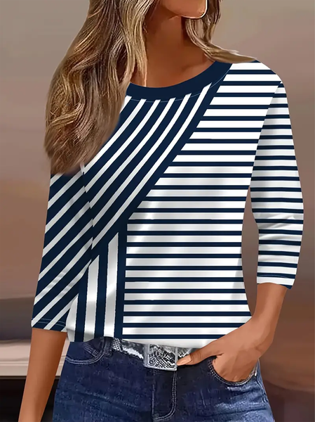 

Women Striped Three Quarter Sleeve Tee T-shirt Crew Neck Casual Spring/Fall Graphic Tee Top, Purplish blue, T-Shirts