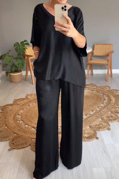 

Women Plain Split Joint Two-Piece Set Daily Half Sleeve Casual Summer Top With Pants Matching Set, Black, Sets