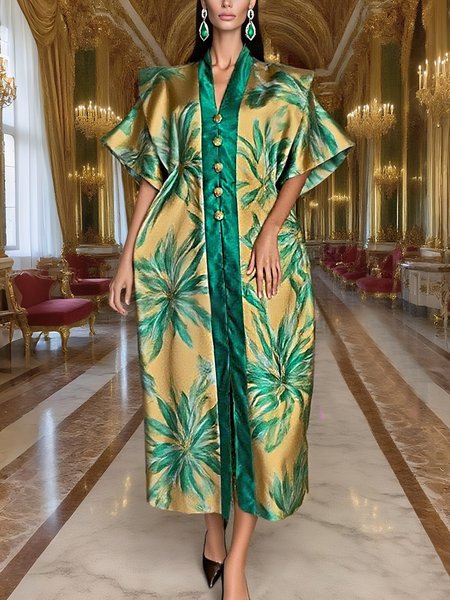 

Vacation Tropical Printing V Neck Maxi Dress, Green, Maxi Dresses