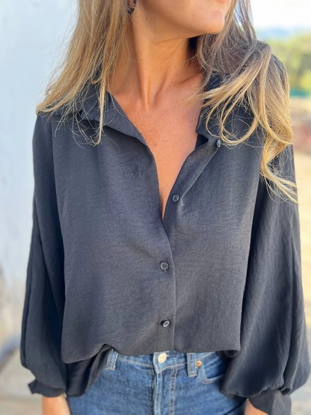 

Women Plain Long Sleeve Shirt Spring/Fall Split Joint Shawl Collar Dolman Sleeve Daily Casual Top, Black, Blouses