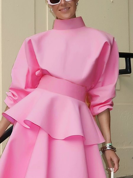 

Elegant Plain Stand Collar Raglan Sleeve Blouse, Pink, Blouses and Shirts