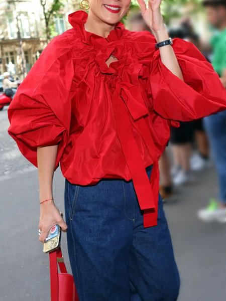 

Urban Plain Drawstring Lotus Leaf Collar Raglan Sleeve Blouse, Red, Blouses and Shirts