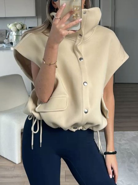 

Casual Drawstring Plain Turtleneck Vest, Apricot, Vests and Gilets
