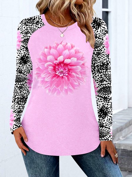 

Casual Color Block Crew Neck Long Sleeve T-shirt, Pink, T-shirts