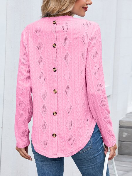 

Casual Plain Crew Neck Long Sleeve T-shirt, Pink, T-shirts