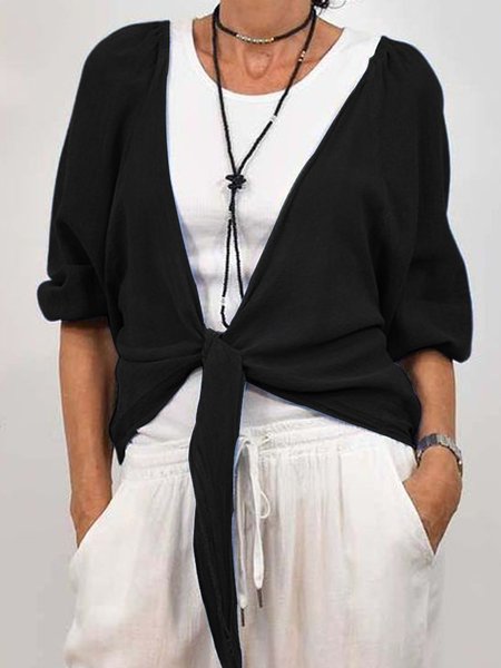 

Women Plain Spring/Fall Cover-up Casual Lace-up Lightweight Cardigan, Black, Cardigans