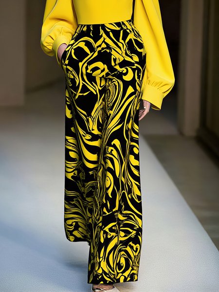 

Urban Random Print Printing Wide Leg Pants, Black-yellow, Pants