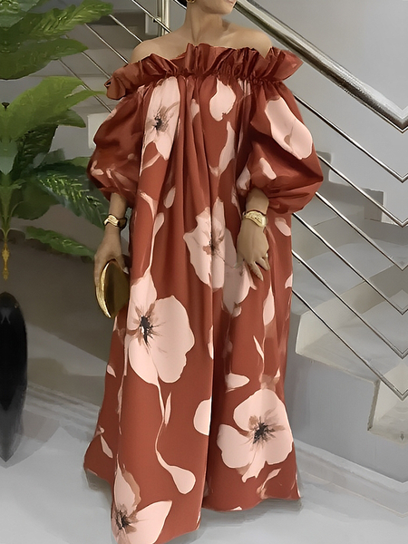 Elegant Floral Balloon Sleeve Printing Cold Shoulder Maxi Dress