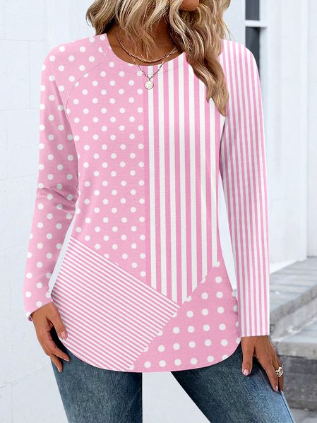 

Casual Color Block Crew Neck Long Sleeve T-shirt, Pink, T-shirts