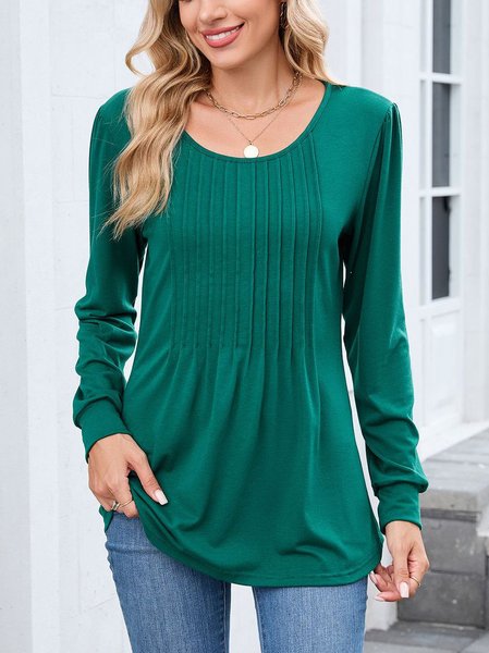 

Casual Plain Crew Neck Long Sleeve T-shirt, Dark green, T-shirts