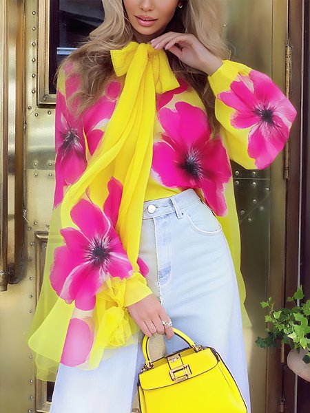 

Elegant Floral Printing Balloon Sleeve Blouse, Yellow, Blouses and Shirts