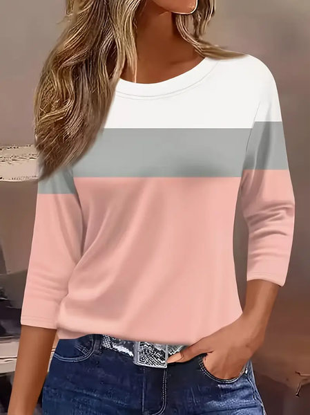 

Women Multicolor Block Three Quarter Sleeve Tee T-shirt Crew Neck Casual Spring/Fall Graphic Tee Top, Pink, T-Shirts
