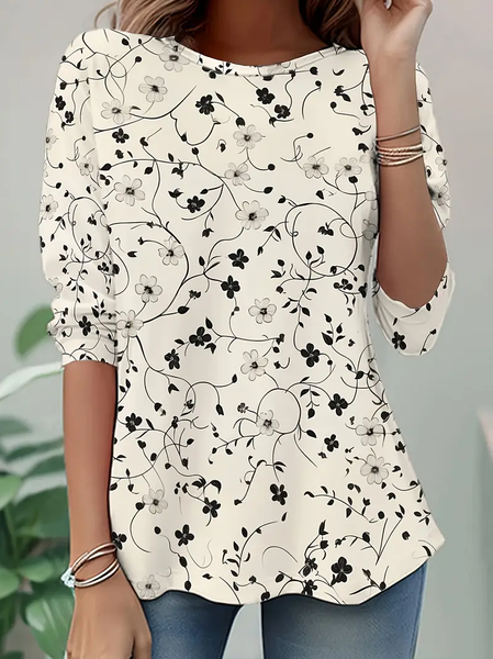 

Casual Floral Crew Neck Long Sleeve T-shirt, Apricot, T-shirts