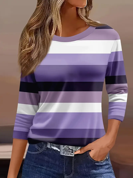

Women Striped Three Quarter Sleeve Tee T-shirt Crew Neck Casual Spring/Fall Graphic Tee Top, Purple, T-Shirts