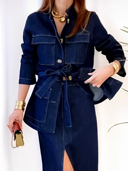 

Casual Plain Shirt Collar Denim Coat With Belt, Denim blue, Jackets