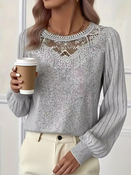 

Drop Shoulder Ribbed Lace Collar Long Sleeve Spring And Autumn Knitted Commuter T-Shirt Top, Gray, Sweaters