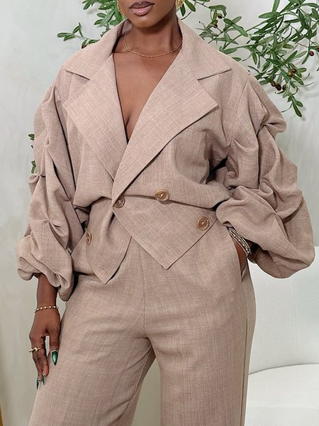 

Urban Balloon Sleeve Shirred Plain Lapel Collar Jacket, As picture, Jackets