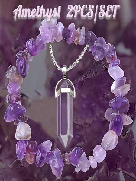 

Natural Stone Gravel Crystal Ladies Chain Bracelet Irregular Small Gravel Amethyst Bracelet Elastic Bracelet Necklace 2-piece Set, Purple, Necklaces