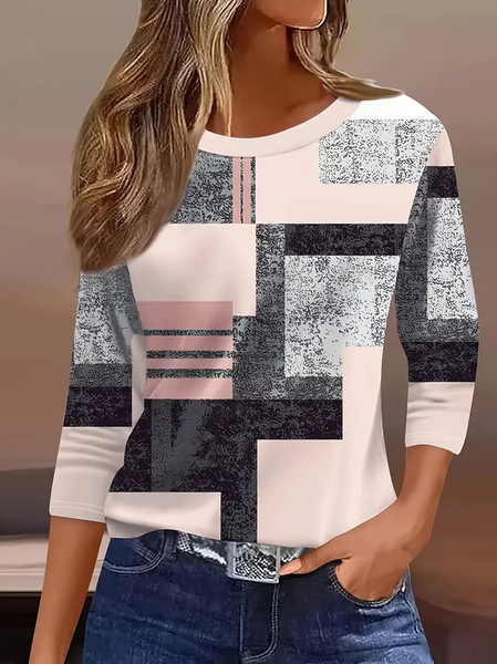 

Casual Geometric Crew Neck Three Quarter Sleeve T-shirt, Pink, T-shirts