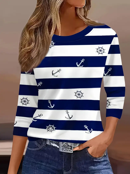 

Casual Striped Crew Neck Three Quarter Sleeve T-shirt, Purplish blue, T-shirts