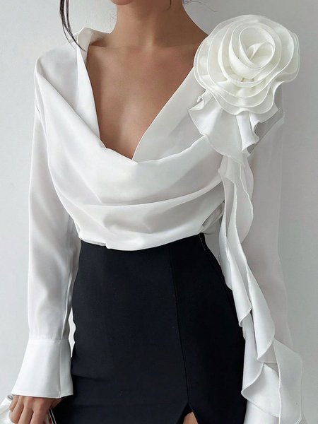 

Elegant Plain 3D Floral Cowl Neck Blouse, White, Blouses and Shirts