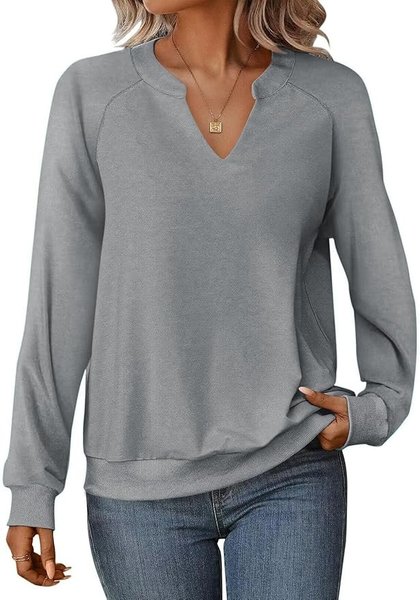 

Casual V Neck Plain Sweatshirt, Gray, Hoodies & Sweatshirts