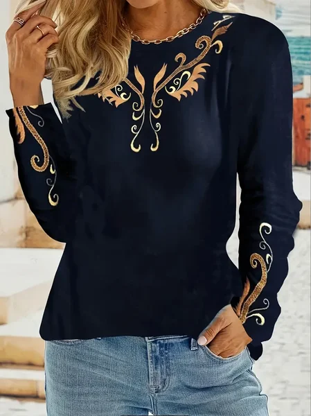 

Women Ethnic Long Sleeve Tee T-shirt Crew Neck Printing Casual Spring/Fall Graphic Tee Top, Black, T-Shirts