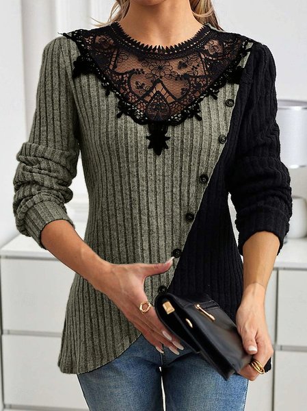 

Slim Fit Lace Round Neck Color Matching Ribbed Cross Hem Long Sleeve Knitted Elegant Commuter T-Shirt Top, Army green, Sweaters