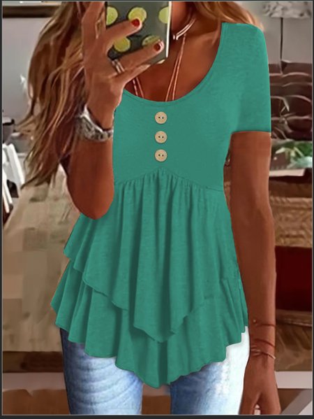 

Casual Plain Crew Neck Short Sleeve T-shirt, Cyan, T-shirts