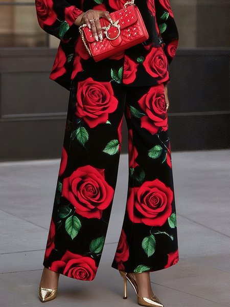

Elegant Floral Printing Wide Leg Pants, Black-red, Pants