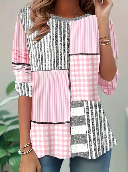 

Women Striped Long Sleeve Tee T-shirt Crew Neck Printing Casual Spring/Fall Tunic Top, Pink, T-Shirts