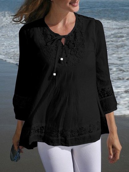 

Women Floral Long Sleeve Tee T-shirt Crew Neck Jacquard Casual Spring/Fall Top, Black, T-Shirts