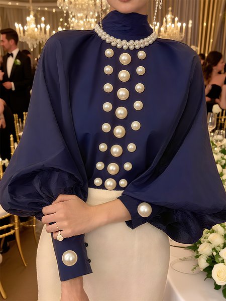 

Satin Elegant Plain Imitation Pearls Mock Neck Balloon Sleeve Blouse, Purplish blue, Blouses and Shirts