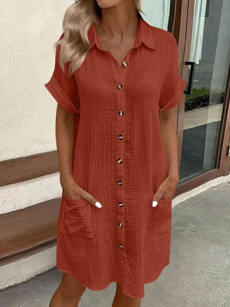 

Solid Color Single-Breasted Mid-Length Short-Sleeved Loose Casual Commuter Dress, Deep brown, Mini Dresses