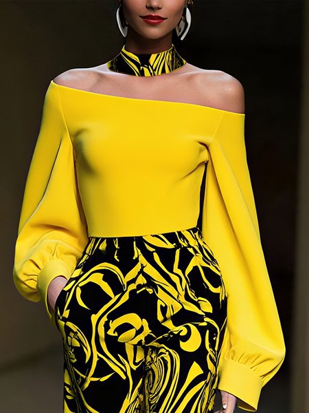 

Urban Plain Cold Shoulder Blouse With Choker, Yellow, Blouses and Shirts