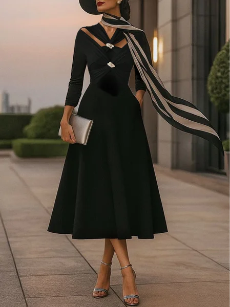 

Elegant Plain Metal Cross Neck Midi Dress, Black, Midi Dresses