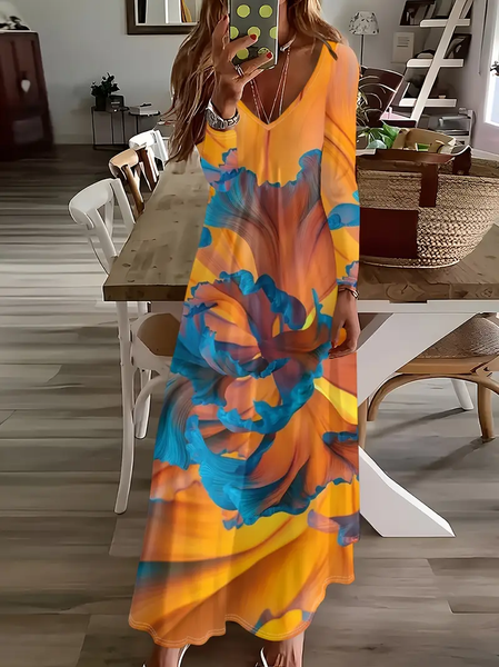 

Women Abstract Long Sleeve Spring/Fall Printing Dress V Neck Daily Casual Maxi H-Line Dress, Orange, Casual Dresses