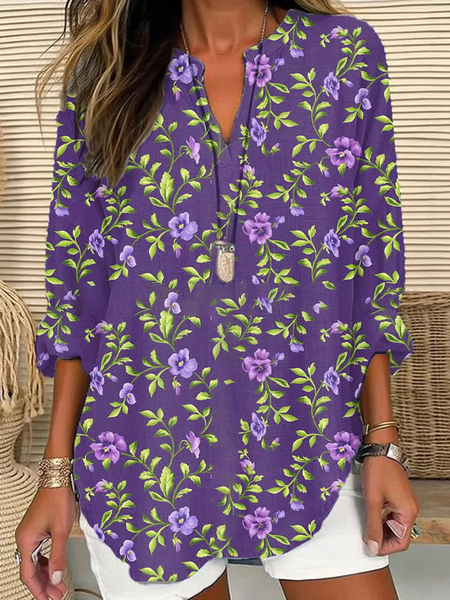 

Women Floral Long Sleeve Blouse Spring/Fall Printing V Neck Daily Casual Top, Purple, Shirts