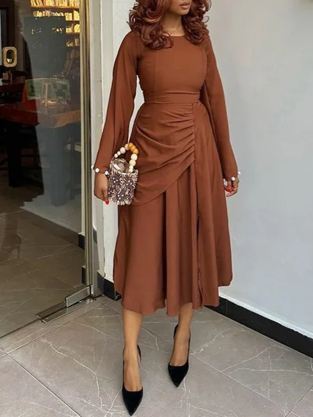 

Elegant Plain Ruched Crew Neck Midi Dress, Brown, Midi Dresses
