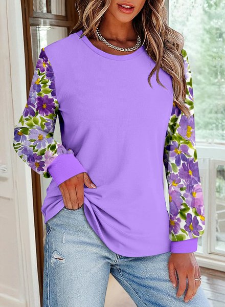 

Casual Floral Print Purple Crew Neck Comfy Sweatshirt, Hoodies & Sweatshirts