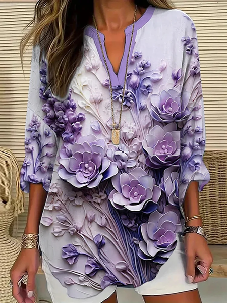 

Women Floral Long Sleeve Blouse Spring/Fall Printing V Neck Daily Casual Top, Purple, Shirts