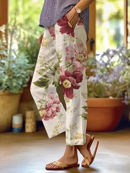 

Women Floral Long Pants Casual Spring/Fall Trousers, Apricot, Pants