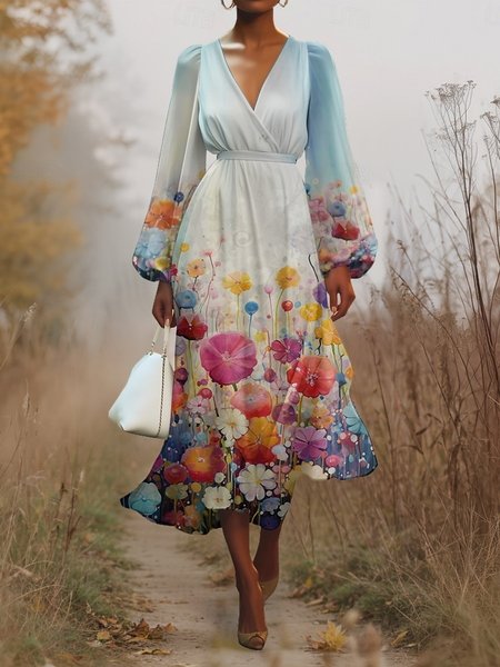 

Women Floral Puff Sleeve Spring/Fall Dress V Neck Long Sleeve A-Line Dress, Color3, Dresses