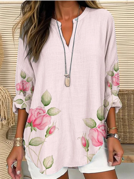 

Women Floral Long Sleeve Blouse Spring/Fall Printing V Neck Daily Casual Top, Pink, Shirts