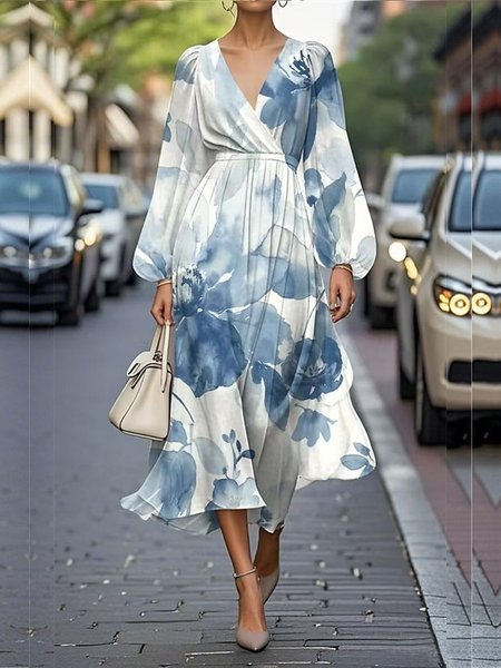 

Women Floral Puff Sleeve Spring/Fall Dress V Neck Long Sleeve A-Line Dress, Blue, Dresses