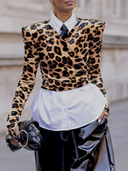 

Urban Leopard Shoulder Pad V Neck Blouse, As picture, Blouses and Shirts