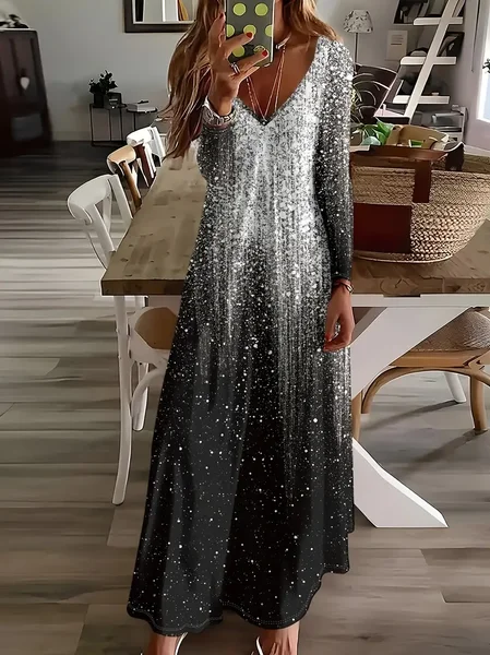 

Women Abstract Long Sleeve Spring/Fall Printing Dress V Neck Daily Casual Maxi H-Line Dress, Black, Casual Dresses