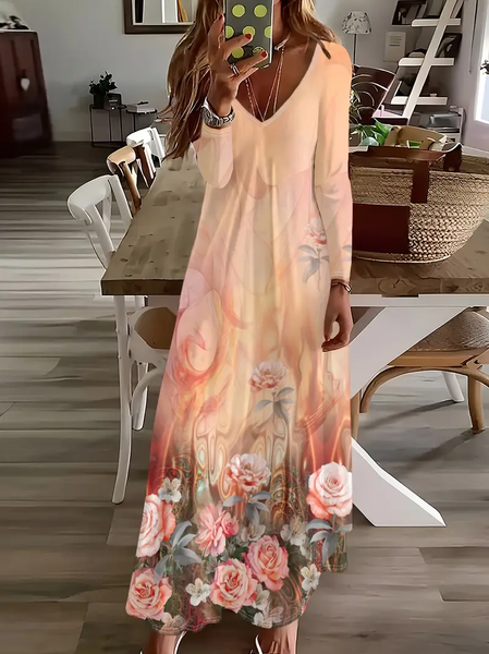 

Women Floral Long Sleeve Spring/Fall Printing Dress V Neck Daily Casual Maxi H-Line Dress, Orange, Casual Dresses