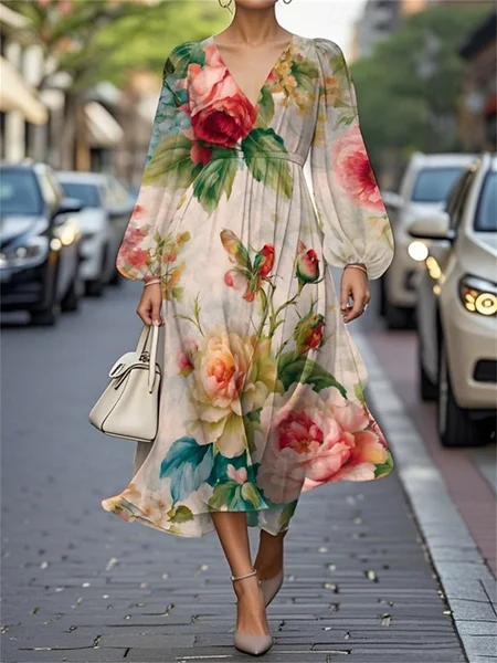 

Women Floral Puff Sleeve Spring/Fall Dress V Neck Long Sleeve A-Line Dress, Green, Dresses
