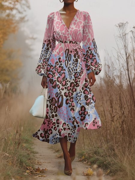 

Women Floral Puff Sleeve Spring/Fall Dress V Neck Long Sleeve A-Line Dress, Color5, Dresses